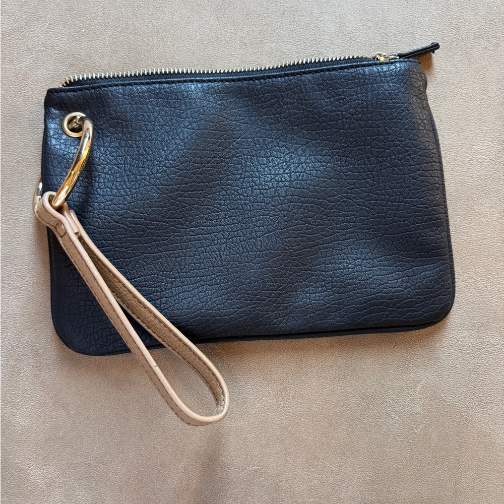 Free People Black Wristlet Clutch with Tan Strap and Gold‎ Details